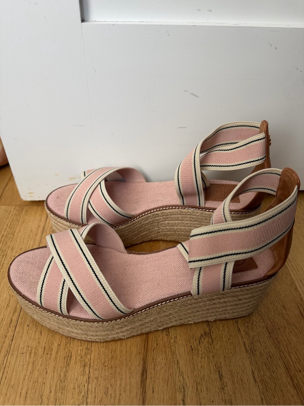 Tory Burch Pink Striped Espadrille Wedge Sandals